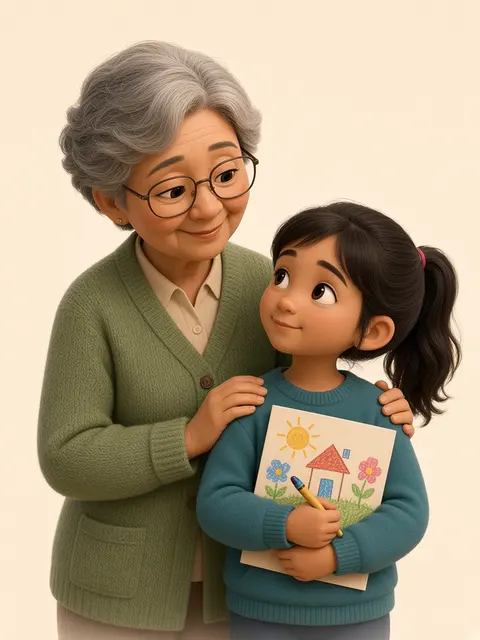 Avatar 3D : une grand-mère pose la main sur l’épaule de sa petite-fille, qui serre fièrement son dessin contre elle.