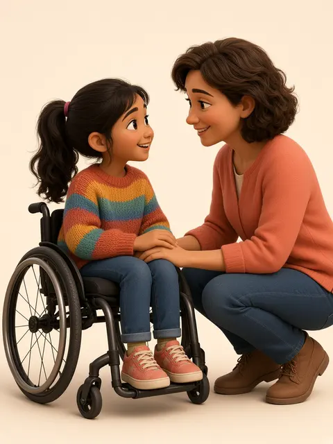 Avatar 3D : une fillette en fauteuil roulant et sa maman, accroupie à sa hauteur, se tiennent les mains et se regardent avec complicité.
