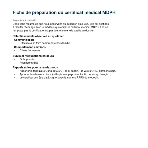 Aperçu de la fiche PDF de préparation du rendez-vous médical, remplie pour un enfant fictif.